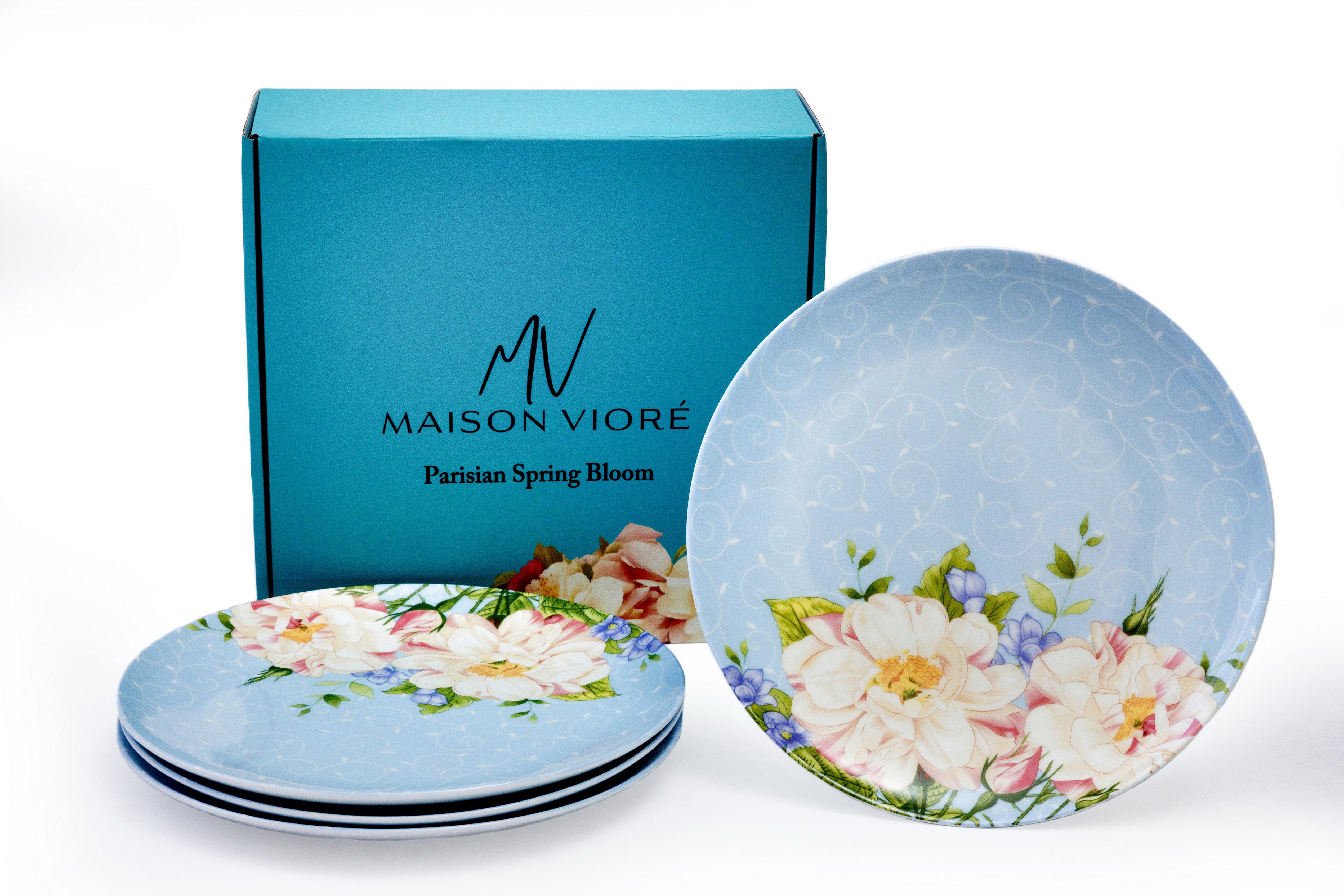 Maison Viore Parisian Spring Bloom 10" Dinner Plates Set of 4 Blue
