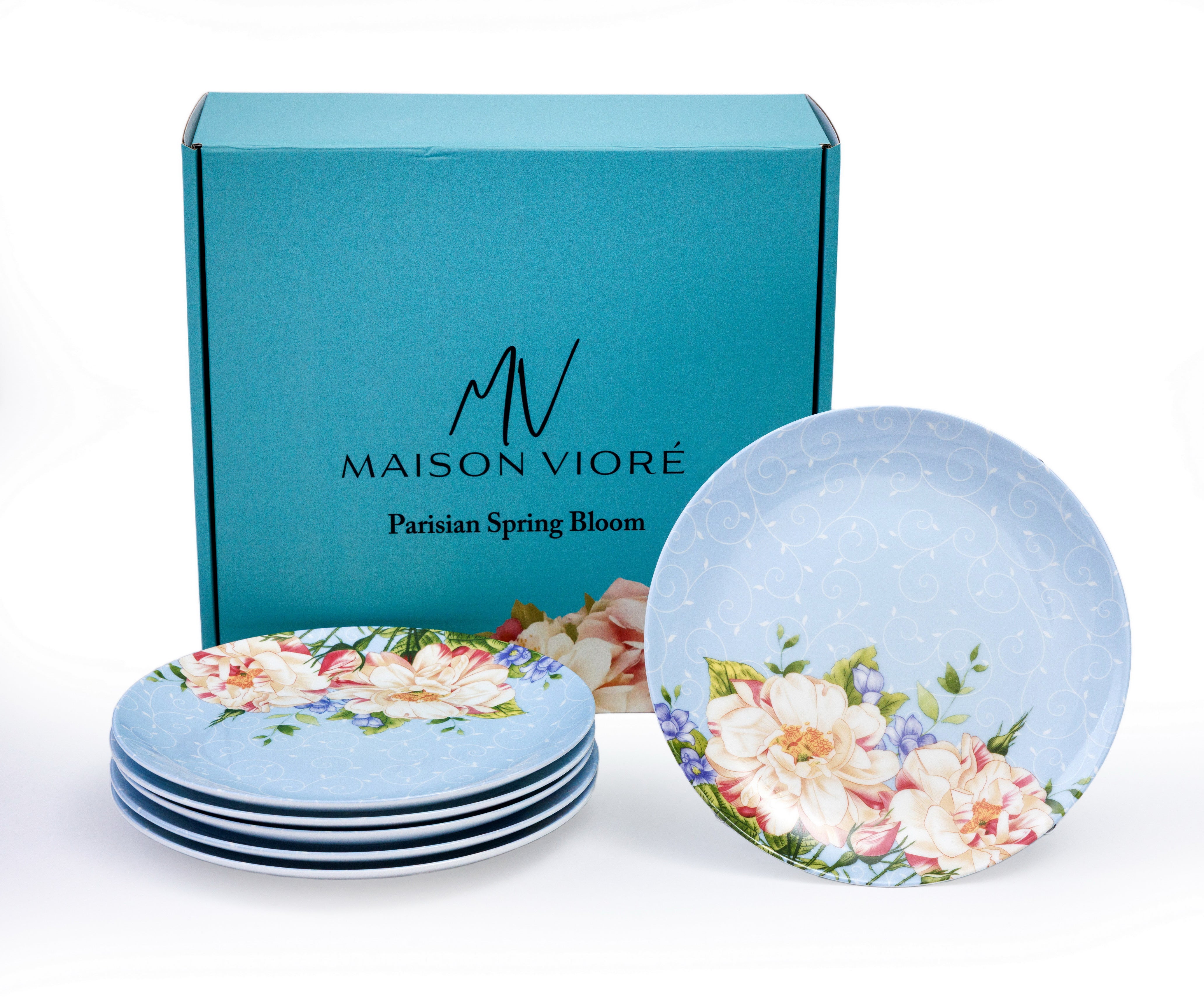 Maison Viore Parisian Spring Bloom 8" Salad Plates Set of 6 Blue