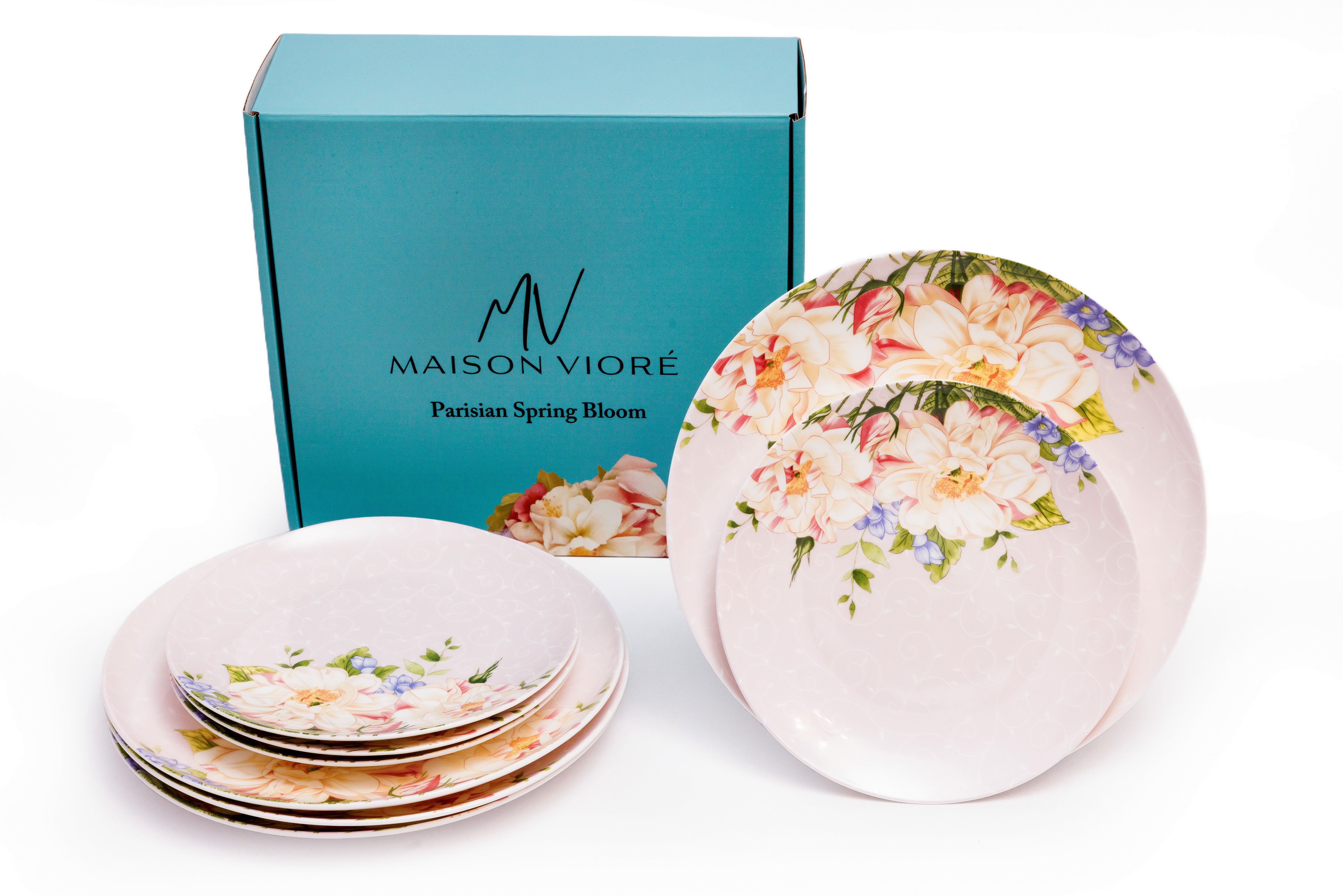 Maison Viore Parisian Spring Bloom 10" Dinner Plates and 8" Salad Plates 8 Piece Set Pink