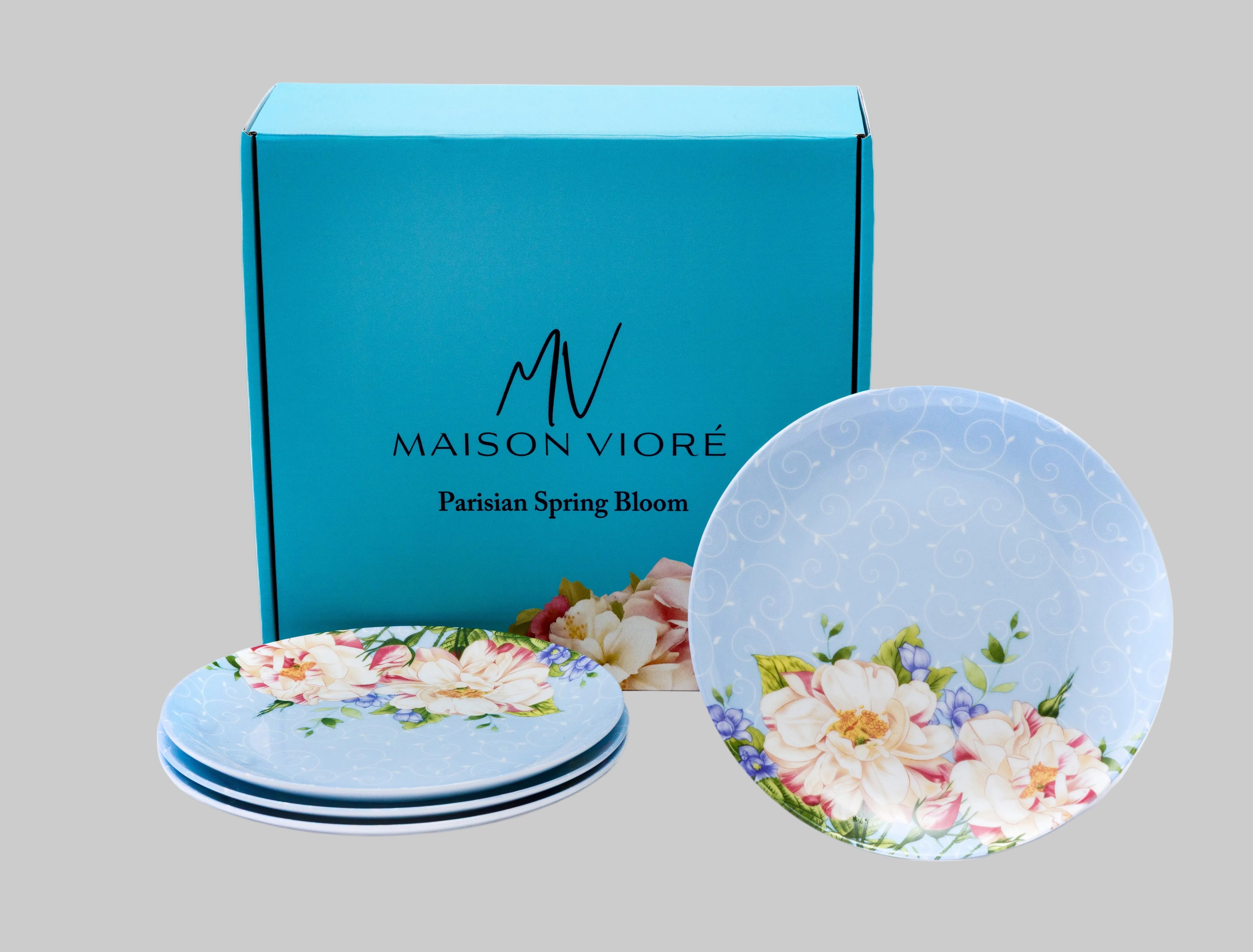 Maison Viore Parisian Spring Bloom 8" Salad Plates Set of 4 Blue