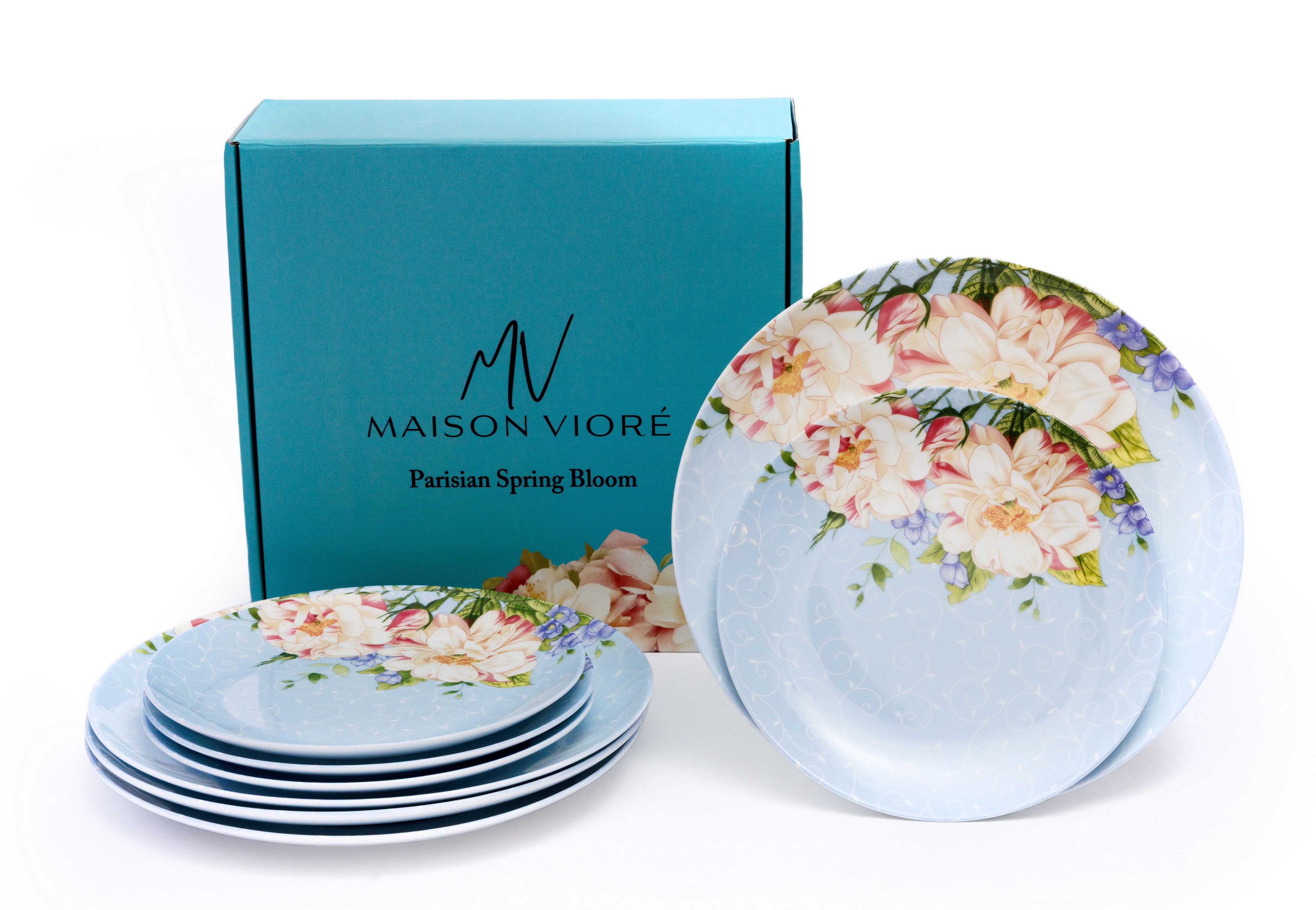 Maison Viore Parisian Spring Bloom 10" Dinner Plates and 8" Salad Plates 8 Piece Set Blue